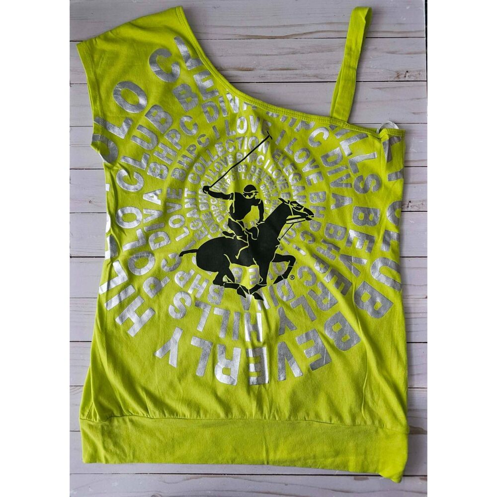 Beverly Hills Polo Club Women’s M Lime Green Graphic Tank Top Y2K Horse